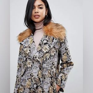 ASOS DESIGN tapestry coat with faux fur collar